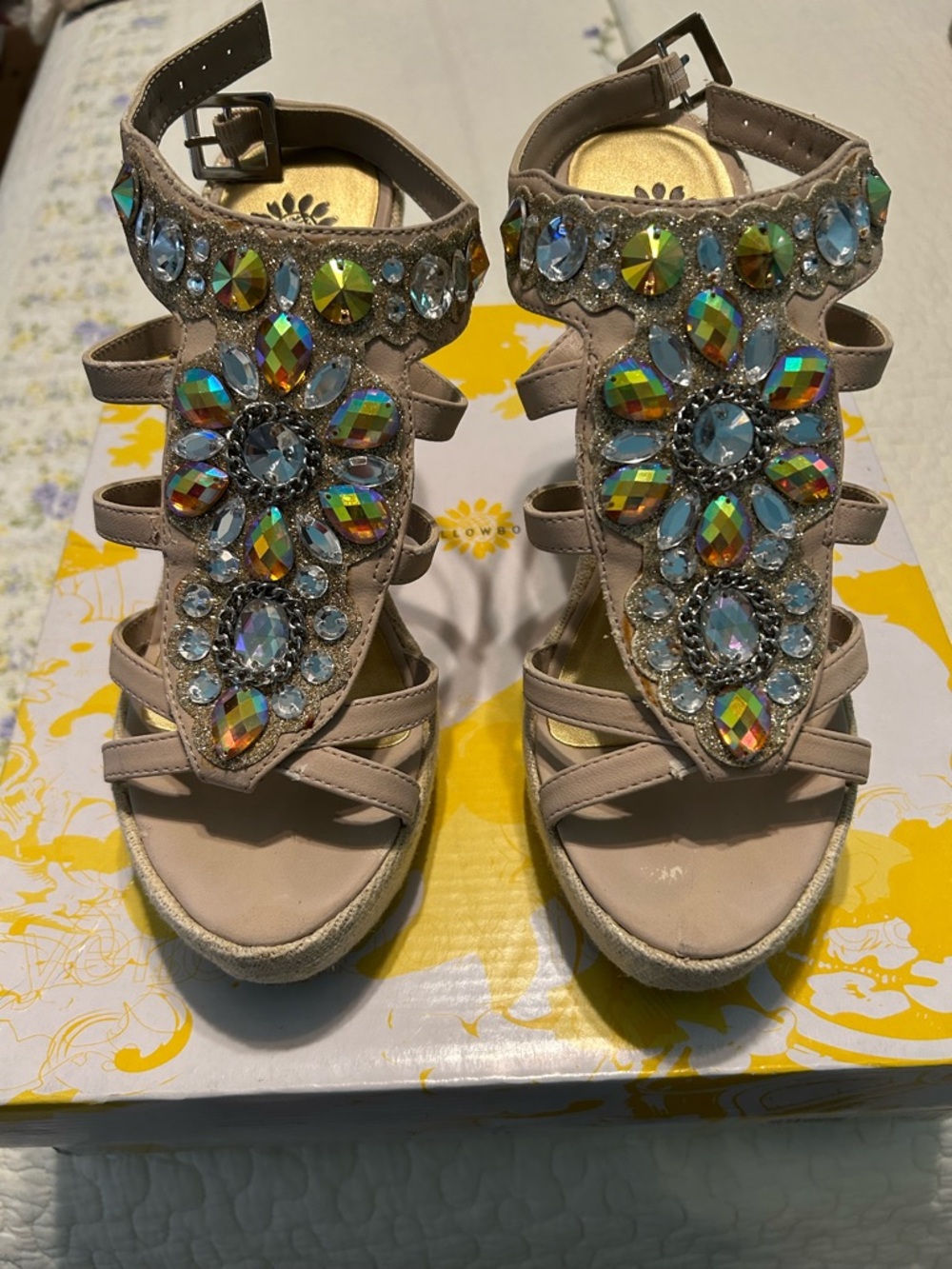Yellow Box Nude Beaded Wedge Sandals with Iridescent Gems